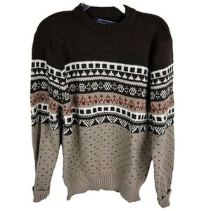 Vintage 1980s Chunky Brown Cottage Fair Isle Long Sleeve Sweater L